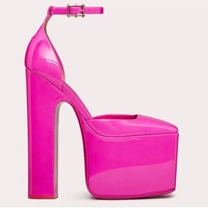Valentino V Logo Pink Patent Leather Pointed Ankle Strap Platform Pumps